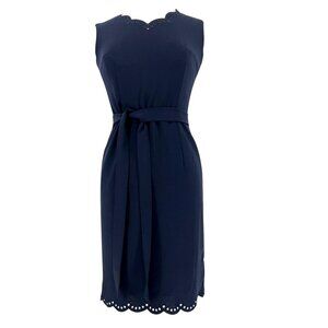 Escada Virgen Wool Blend Navy Dress Embroidered Eyelet Detail Tie Waist-36